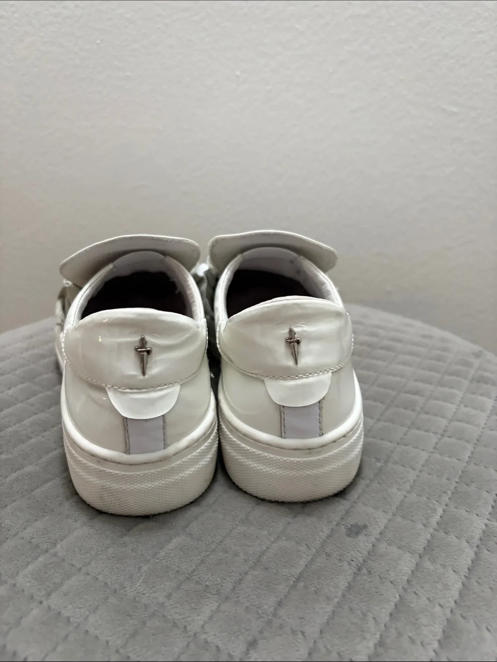 Cesare Paciotti White Patent Leather Slip-Ons with Ruffle Detail